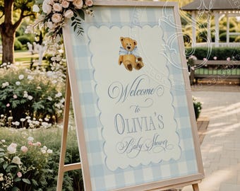 Teddy Bear Baby Boy Shower Welcome Sign - 18x24" Printable - Blue and White Gingham
