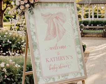 Chinoiserie Baby Shower Welcome Sign: Sage Green, Pink Bow (Printable)