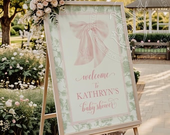 Chinoiserie Baby Shower Welcome Sign: Sage Green and Pink Bow Floral (18x24")