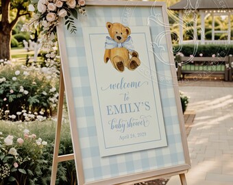 Teddy Bear Baby Shower Welcome Sign: Blue Gingham Poster (Printed 18x24)