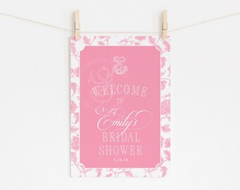 Pink Toile Bridal Shower Welcome Sign: Chinoiserie Monogram (PDF or JPG)