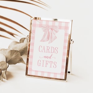 Cards and Gifts Sign for Girl Baby Shower Printable with Pink Bow - Printable 5x7 - Preppy Pink Gingham Baby Sprinkle