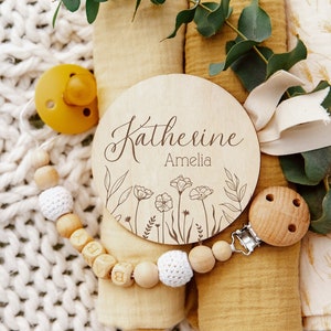 Floral Wooden Baby Name Announcement Sign | Flower Engraved Baby Name Reveal Plaque | Baby Shower Gift | Birth Announcement Hospital Sign