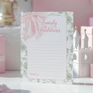 Jeu de baby shower traditions familiales - chinoiseries de toile héritage de noeud rose sauge - baby shower de fille - imprimable 4 x 6"