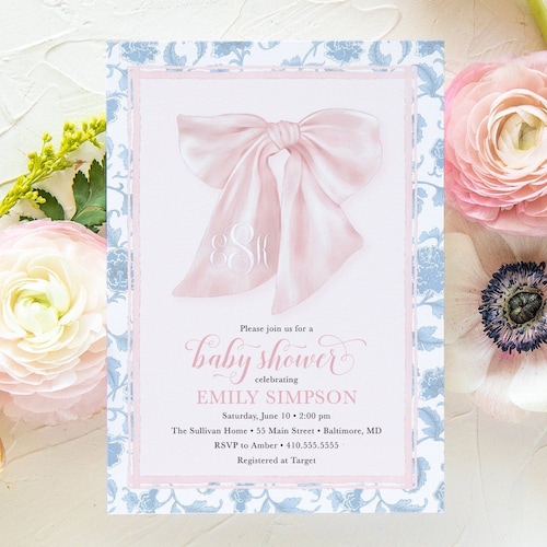 Preppy Pink Bow Baby Shower Invitation Girl Baby Shower Etsy