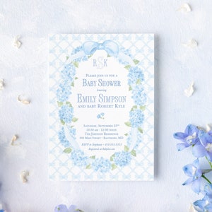 Baby Boy Shower Invitations: Hydrangea Bow Wreath