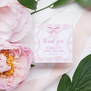 Girl Baby Shower Favor Tags - Pink Gingham - Bow Baby Shower - Thank you tags