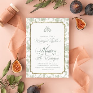 Sage Green Bridesmaids Luncheon Invitations - Chinoiserie Monogram - Winter Bridal Brunch - Classic Bridal Lunch Invitations - Bridal Tea