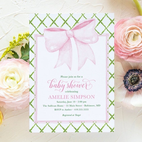 Preppy Pink Bow Baby Shower Invitation Girl Baby Shower Etsy