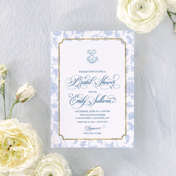 Chinoiserie Monogram Bridal Shower Invitations: Elegant Blue & White