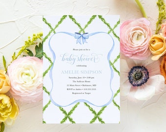 Preppy Blue and Green Trellis Bow Baby Shower Invitation