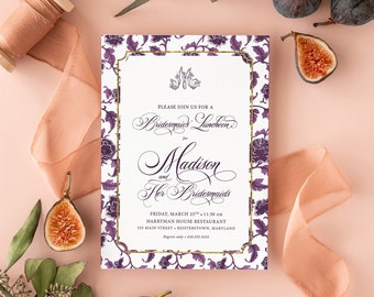 Plum Bridesmaids Luncheon Invitations - Chinoiserie Monogram Bridal Brunch Invitation - Classic Bridal Lunch Invitations - Bridal Tea