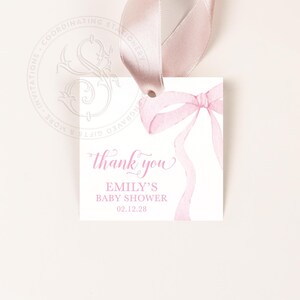 Preppy Pink Bow Baby Shower Favor - Girl Baby Sprinkle - Printed Favor Tags - Square Party Favor Tag - Chinoiserie Chic - Watercolor Bow