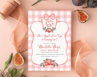 Apple Birthday Invitation for Girl - Apple First Birthday - Preppy Pink Monogram with Bow - Apple Watercolor Crest - Apple of Our Eye
