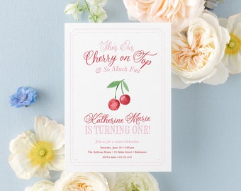 Cherry First Birthday Invitation for Girl - Preppy Invitations - Cherries Theme - Girl Birthday Party - Cherry on Top