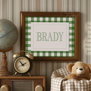 Personalized Boy Name Print: Forest Green Gingham Nursery Decor