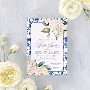 Blue and White Chinoiserie Hyndrangea Bridal Shower Invitation, Grandmillenial Bridal Luncheon, Bridesmaids Brunch, Garden Tea Party Printed