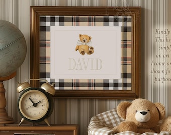 Teddy Bear Name Print: Tartan Plaid Nursery Decor, Personalized Baby Boy Art