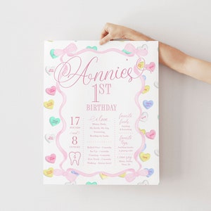 Girl 1st Birthday Milestone Poster - Valentine's Day Watercolor First Birthday Milestone Sign - Pink Bow Sign - 1st Birthday - PRINTABLE