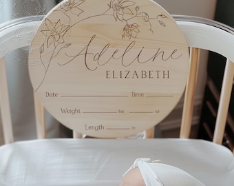 Wooden Baby Name Sign, Newborn Name Wood Sign, Birth Announcement Sign, Girl Floral Name Birth Stats Sign, Boho Name Announcement, Plaque