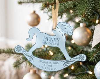 Rocking Horse Keepsake Christmas Ornament: Baby Boy’s First christmas birth statistic