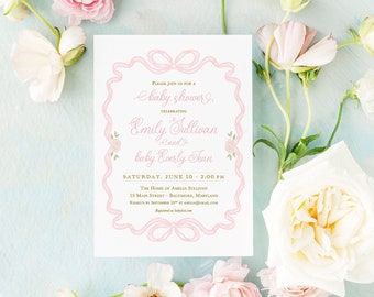Girl Baby Shower Invitation Digital, Pink Bow Classic Invitations, Baby Girl Sprinkle Invite, Whimsical Garden Party, 1st Birthday Printable