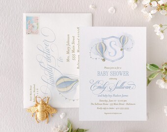 Hot Air Balloon Baby Shower Invitation: Monogram Crest, Soft Blue
