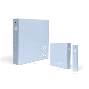 May include: A light blue personalized baby binder with a 2-3 ring binder, holds approximately 300-8.5x11" pages. The binder measures 10.25" wide, 11.5" high, and has a 2" spine.