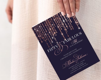 50th Birthday Invitation - 60th 50th 40th 30th Fifty and Fabulous - Rose Gold - Fairy Lights - Surprise Invitations - Birthday for woman