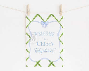 Blue Bow Baby Shower Welcome Sign: Watercolor Trellis (PDF or JPG)