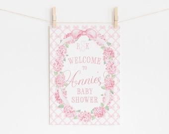 Grandmillenial Welcome Sign for Baby Shower - Monogrammed Welcome Sign - Pink Hydrangeas - Bow Wreath Watercolor