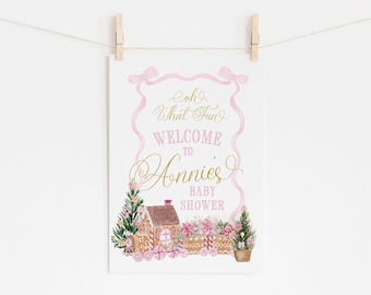 Pink Christmas Baby Shower Welcome Sign, Winter Baby Sprinkle - Gingerbread Sip and See - Baby Girl - 18x24 Printable