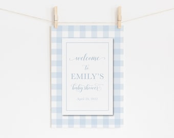 Blue Gingham Baby Shower Welcome Sign: Printed 18x24" Poster