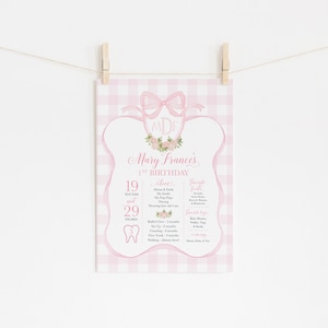 Pink Gingham First Birthday Milestone Sign 16x20&quot; Printable - Preppy Monogram Birthday Sign - Girl Birthday