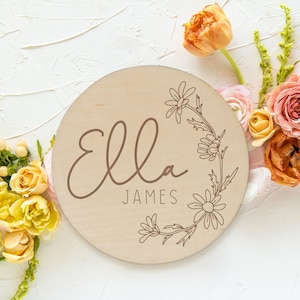 Daisy Wooden Baby Name Announcement Sign Flower Engraved Baby Name Reveal Plaque Floral Birth Announcement Newborn Photo Prop Wood image 3