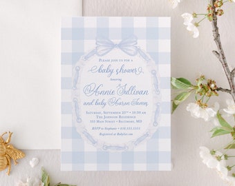 Faire-part baby shower bleu vichy : nœud classique (numérique)