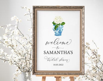 Blaues und weißes Chinoiserie Ginger Glass Hydrangea Brautparty-Willkommensschild