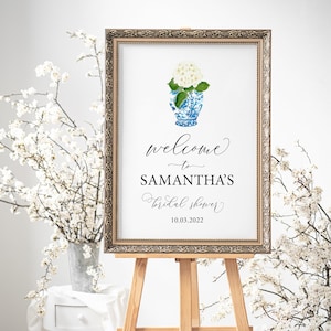 Blaues und weißes Chinoiserie Ginger Glass Hydrangea Brautparty-Willkommensschild