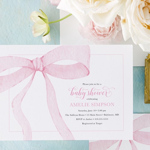Preppy Pink Bow Baby Shower Invitation Girl Baby Shower Etsy