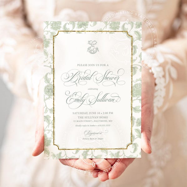Sage Green Chinoiserie Bridal Shower Invitations: Monogrammed Invite