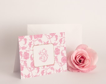 Pink Chinoiserie Thank You Notes - Pink Toile Notes - Printed Note Cards - Baby Shower Thank You - Initial Monogram - Bridal Shower Classic