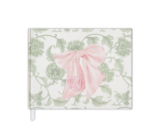Guest Book for Baby Girl Shower Pink and Sage Green Chinoiserie - Blank Book - Custom Guestbook - Baby Shower Gift - Monogram Guestbook