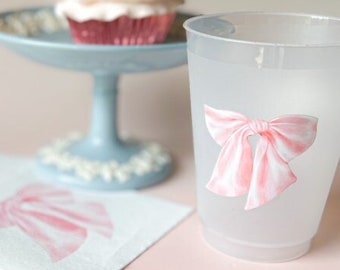 Pink Bow Party Cups, Baby Shower Decorations, Frosted Cups (16oz)