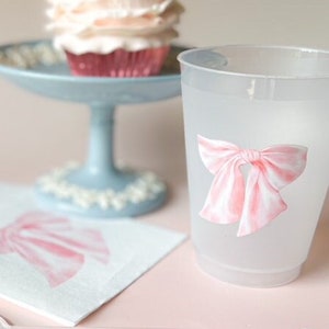 Pink Bow Party Cups, Baby Shower Decorations, Frosted Cups (16oz)