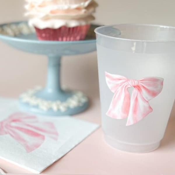 Pink Bow Party Cups for Baby Girl Shower Sprinkle, 1st Birthday Party, Fancy Tea Party, Bridesmaids Luncheon