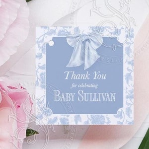 Recuerdo de baby shower con lazo azul - Etiqueta imprimible para regalo - Etiqueta cuadrada imprimible - Toile Chinoiserie Chic - Lazo de acuarela
