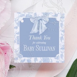 Favor Tags for Baby Boy Shower - Toile Blue Bow Thank you tags - French Blue Chinoiserie - Classic  Traditional Toile Baby Sprinkle Printed