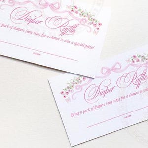 Cartão para sorteio de fraldas para chá de bebê com laço rosa chique - imprimíveis para meninas Baby Sprinkle DOWNLOAD INSTANTÂNEO