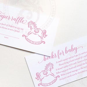 PRINTED Baby Shower Books for Baby or Diaper Raffle Insert Cards - Girl Baby Sprinkle - Pink Rocking Horse Bring a book instead of a card