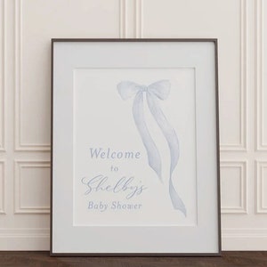 Blue Bow Baby Boy Shower Welcome Sign - Boy Baby Sprinkle - Heirloom Bow - Baby Sign Printed 18x24 or 24x36